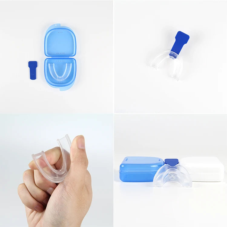 Estuche azul, mango y protector moldeable en la mano