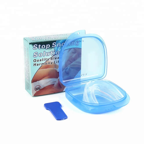 Protector bucal antirronquidos con su estuche azul, el mango y la caja